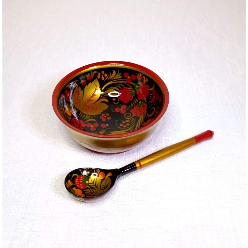 Vintage Russian Lacquerware Painted Wooden 4in Bowl And Spoon Khokhloma Display